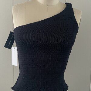 Reformation Shirred one shoulder linen top.